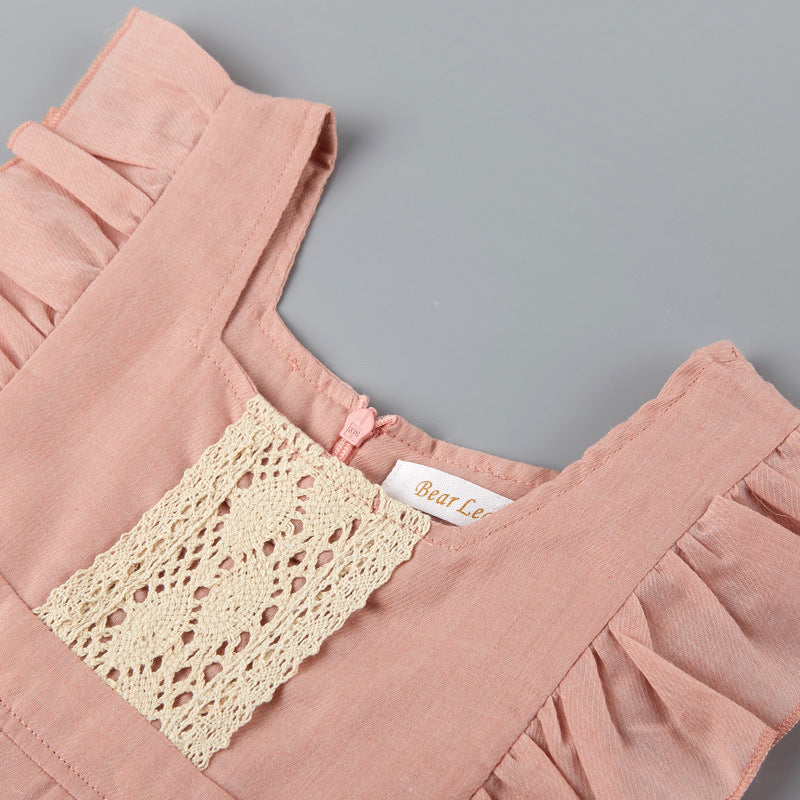 Girl Baby Cute Lotus Root Pink Dress Children Princess Stitching Lace Flying Sleeve Short Skirt Girl Baby Cute Lotus Root Pink Dress Children Princess Stitching Lace Flying Sleeve Short Skirt